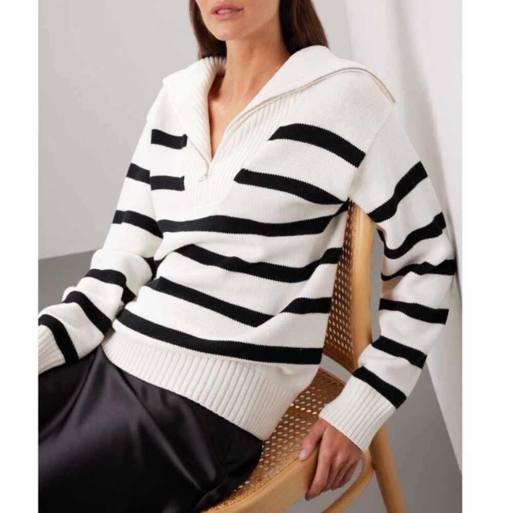 English Factory Black and White Striped Pullover Sweater Half Zip Henley Medium